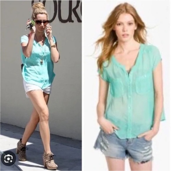 Free People Spellbound Aqua Marbled Chiffon Overlapping Back Blouse - S - Picture 4 of 15
